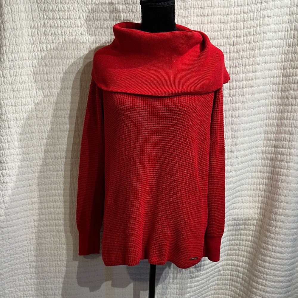 Michael Michael Kors Red Long Sleeve Cowl Neck Waffle Knit Sweater Size Medium